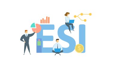 ESI, Elektronik Depo Bilgileri. Anahtar sözcükler, insanlar ve ikonlar ile kavram. Düz vektör çizimi. Beyazda izole edilmiş.