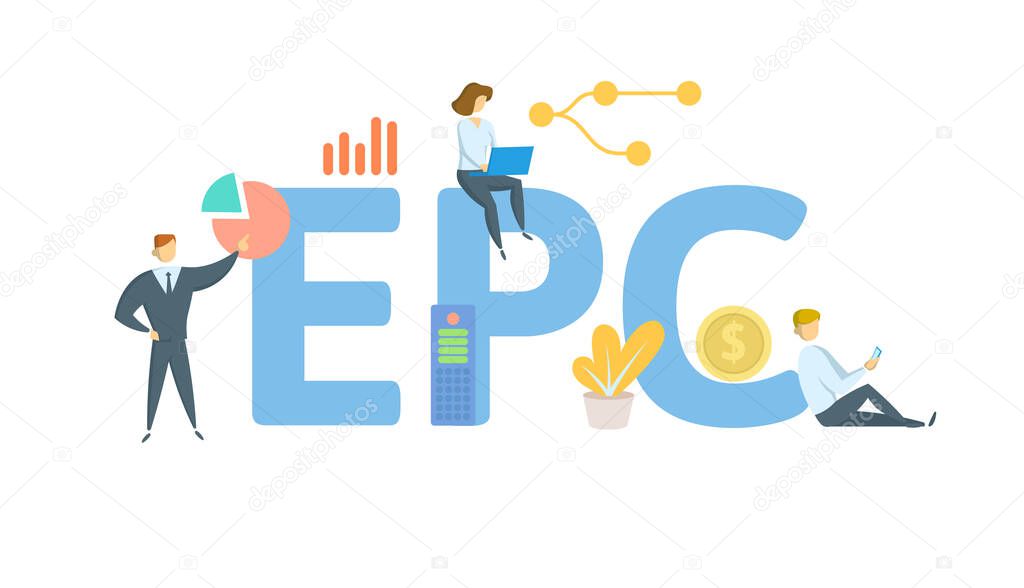 EPC, Earnings Per Click. Concept with keywords, people and icons. Flat vector illustration. Isolated on white.