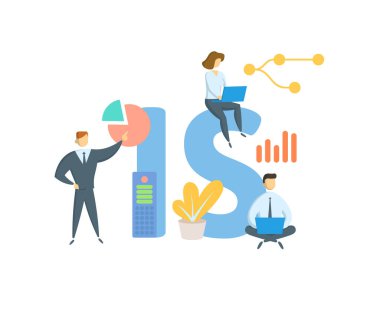 Bilgi Sistemleri. Anahtar sözcükler, insanlar ve ikonlar ile kavram. Düz vektör çizimi. Beyazda izole edilmiş.