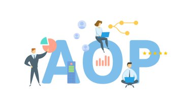 AOP, Yıllık Çalışma Planı. Anahtar sözcükler, insanlar ve ikonlar ile kavram. Düz vektör çizimi. Beyazda izole edilmiş.