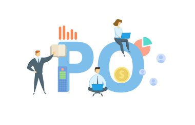 PO, Postane, Satın Alma Emri. Anahtar kelime, insanlar ve ikonlar ile kavram. Düz vektör çizimi. Beyazda izole edilmiş.