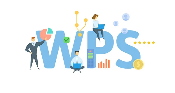 WPS, Wi-Fi Protected Setup Концепція з ключовими словами, людьми та іконами. Плоский вектор. Ізольовані на білому. — стоковий вектор