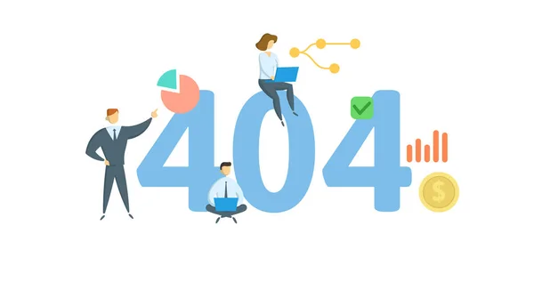 404, stav odpovědi HTTP na chyby pro Nenalezen. Koncept s klíčovými slovy, lidé a ikony. Plochá vektorová ilustrace. Izolováno na bílém. — Stockový vektor