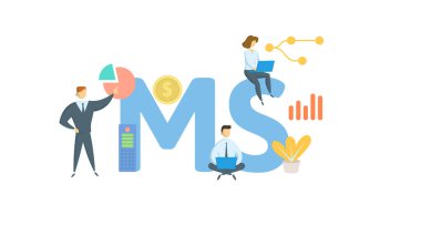 MS, Kütle Spektrometrisi. Anahtar kelime, insanlar ve ikonlar ile kavram. Düz vektör çizimi. Beyazda izole edilmiş.