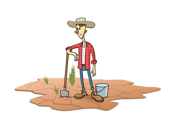 干ばつによって割れた土の上に立つ農家。干ばつ、作物の失敗、自然災害のトピックに関するベクトル図. — ストックベクタ