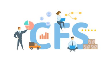 CFS, Konteyner Nakliye İstasyonu. Anahtar kelime, insanlar ve ikonlar ile kavram. Düz vektör çizimi. Beyazda izole edilmiş.