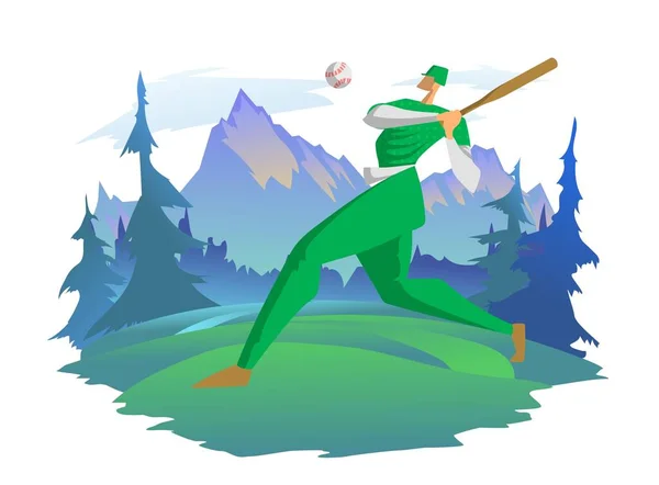 A man playing baseball on the background of a mountain landscape. Outdoor activities, vector illustration. — vektorikuva