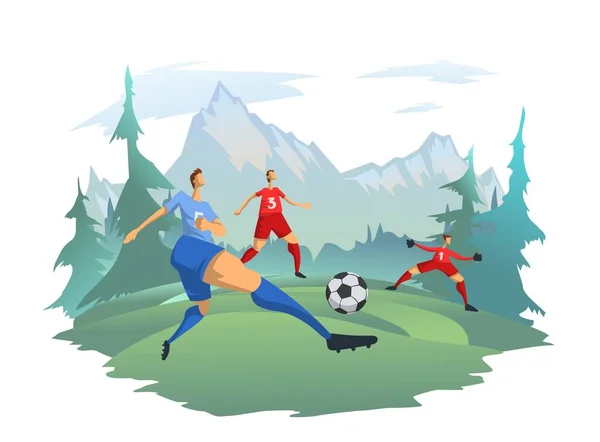 Hombres jugando al fútbol en el fondo de un paisaje de montaña. Los jugadores de fútbol patean la pelota. Actividades al aire libre, ilustración vectorial. — Archivo Imágenes Vectoriales
