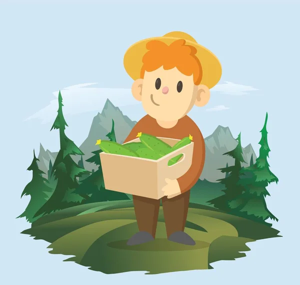 En pojke som håller en låda grönsaker i bakgrunden av ett bergslandskap. En bonde som arbetar ute på fältet. Vektorillustration. — Stock vektor
