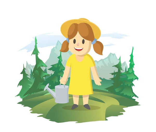 En glad flicka med en vattenkanna på bakgrunden av ett bergslandskap. Kvinnlig jordbrukare som arbetar på fältet, vektorillustration. — Stock vektor