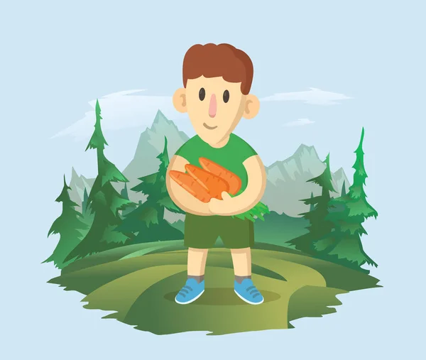 Un niño sosteniendo un montón de zanahorias en el fondo de un paisaje de montaña. Un granjero trabajando en el campo. Ilustración vectorial. — Vector de stock