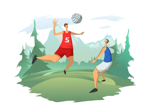 Män som spelar volleyboll i bakgrunden av ett bergslandskap. Volleybollspelare slår bollen. Friluftsliv, vektor illustration. — Stock vektor