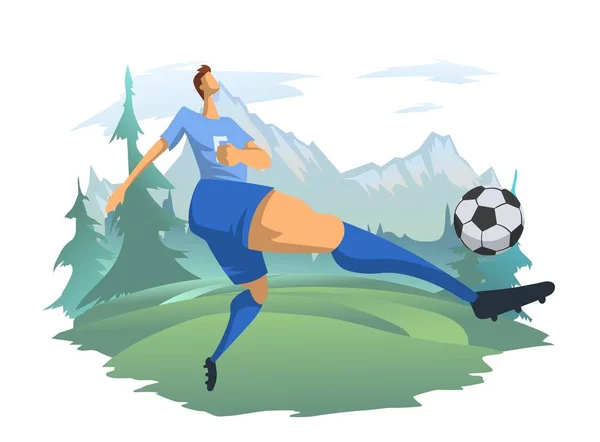 Un hombre jugando al fútbol en el fondo de un paisaje de montaña. Un jugador de fútbol patea la pelota. Actividades al aire libre, ilustración vectorial. — Archivo Imágenes Vectoriales