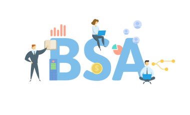 BSA, Banka Gizliliği Yasası. Anahtar kelime, insanlar ve ikonlar ile kavram. Düz vektör çizimi. Beyazda izole edilmiş.