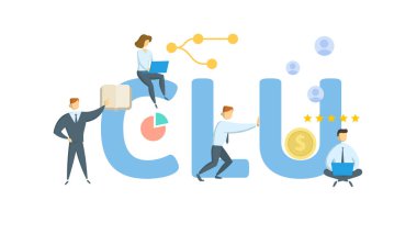 CLU, Chartered Life Sigortacısı. Anahtar kelime, insanlar ve ikonlar ile kavram. Düz vektör çizimi. Beyazda izole edilmiş.