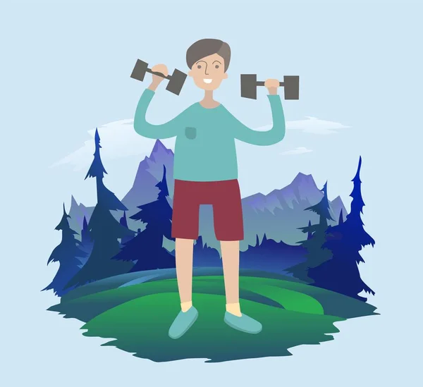 A young man does exercises with dumbbells in the fresh air, mountain landscape in the background. Healthy lifestyle, outdoor activities. Vector illustration. — Stock Vector