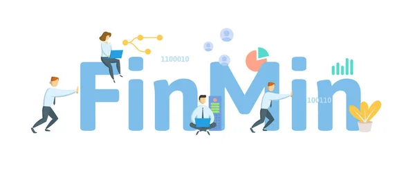 FinMin, Υπουργός Οικονομικών. Έννοια με λέξη κλειδί, τους ανθρώπους και τα εικονίδια. Επίπεδη διανυσματική απεικόνιση. Απομονωμένα σε λευκό. — Διανυσματικό Αρχείο