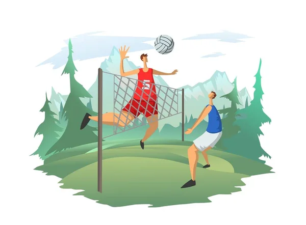Män som spelar volleyboll i bakgrunden av ett bergslandskap. Volleybollspelare slår bollen. Friluftsliv, vektor illustration. — Stock vektor