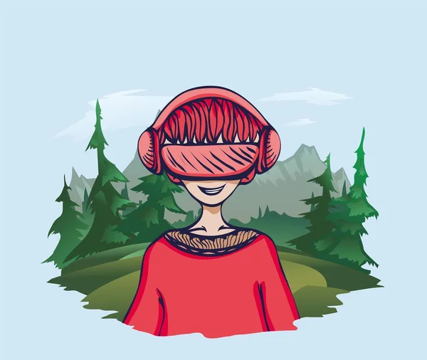 Um jovem em óculos de realidade virtual na natureza, ilustração vetorial. — Vetor de Stock