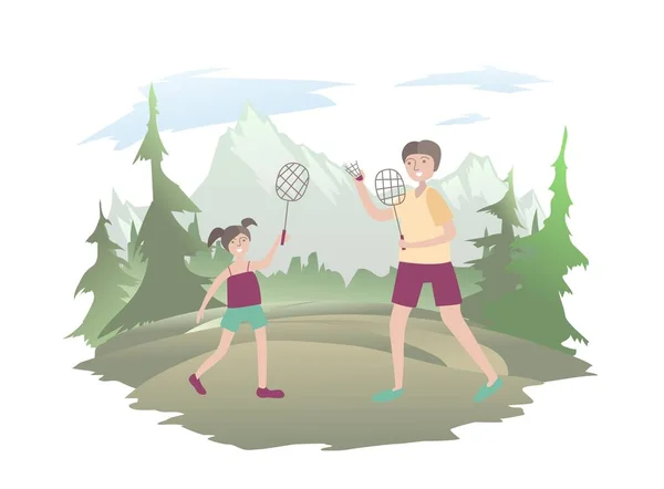 我女儿和她妈妈在公园打羽毛球。家庭户外活动，病媒说明. — 图库矢量图片