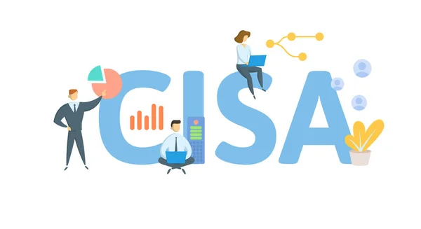 CISA，经认证的信息系统审计员。概念与关键词，人和图标。平面矢量图解。与白种人隔离. — 图库矢量图片