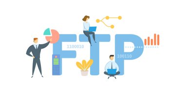 FTP, Dosya Aktarım Protokolü. Anahtar kelime, insanlar ve ikonlar ile kavram. Düz vektör çizimi. Beyazda izole edilmiş.