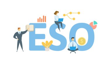 ESO, Personel Hisseleri Seçeneği. Anahtar kelime, insanlar ve ikonlar ile kavram. Düz vektör çizimi. Beyazda izole edilmiş.