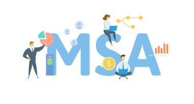 MSA, Tıbbi Tasarruf Hesabı. Anahtar kelime, insanlar ve ikonlar ile kavram. Düz vektör çizimi. Beyazda izole edilmiş.