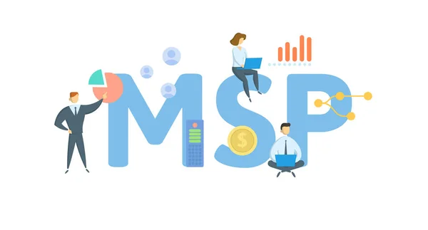 MSP, Managed Service Provider. Begreppet nyckelord, människor och ikoner. Platt vektor illustration. Isolerad på vitt. — Stock vektor