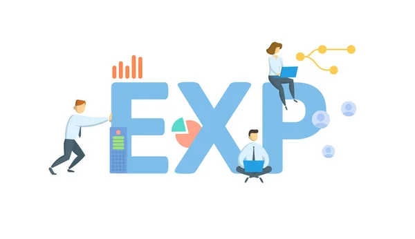 EXP, Exportar. Concepto con palabras clave, personas e iconos. Ilustración vectorial plana. Aislado sobre blanco. — Vector de stock