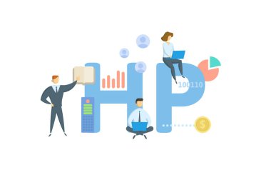 HP, Satın Alma. Anahtar kelime, insanlar ve ikonlar ile kavram. Düz vektör çizimi. Beyazda izole edilmiş.