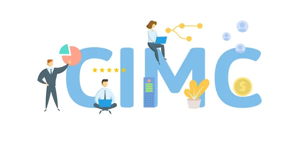 CIMC, Kolektif Yatırım Yönetimi Şirketi. Anahtar kelime, insanlar ve ikonlar ile kavram. Düz vektör çizimi. Beyazda izole edilmiş. — Stok Vektör