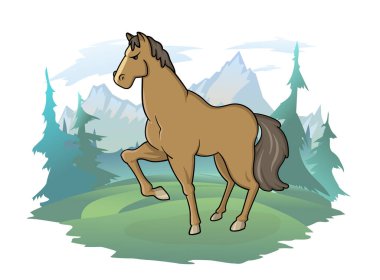 Dağ manzarasının arka planında duran bir at, vektör çizimi.