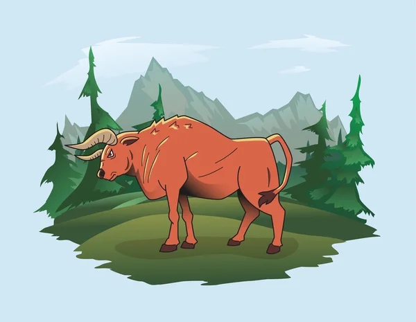 Un taureau debout sur le fond d'un paysage de montagne, illustration vectorielle. — Image vectorielle