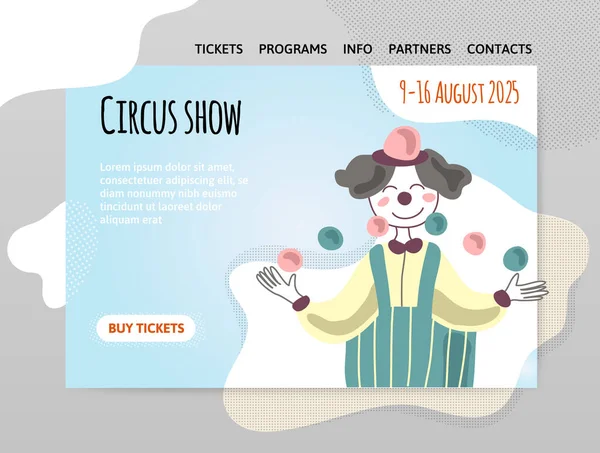 Spectacle de cirque, drôle de clown jongle avec les balles. Illustration vectorielle, modèle de conception d'en-tête de site Web, bannière ou affiche. — Image vectorielle