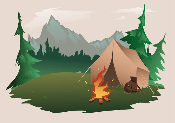 Een toeristische tent en een brandend vuur op een open plek in het bos. Berglandschap, vectorillustratie. — Stockvector