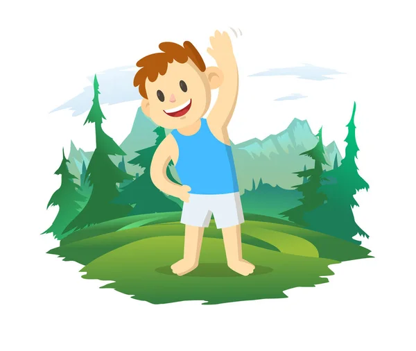 Мальчик делает спортивные упражнения на свежем воздухе. Горный пейзаж и лес на заднем плане. Активность на открытом воздухе, здоровый образ жизни, векторная иллюстрация. — стоковый вектор