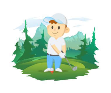 Elinde sopayla gülümseyen genç bir golf oyuncusu. Arka planda dağ manzarası ve orman var. Çizgi film karakteri. Spor ve spor. Renkli çizgi film vektör çizimi, beyaz üzerinde izole.