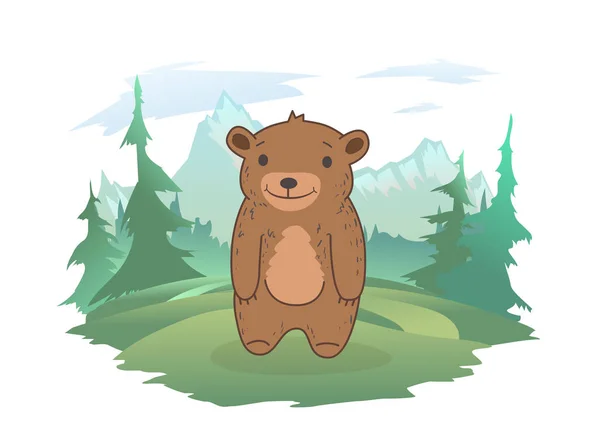Słodki niedźwiedź szczenię stojący na leśnym trawniku, górski krajobraz w tle. Ilustracja wektora, izolowany na białym. — Wektor stockowy