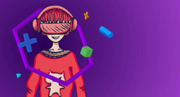 紫の背景に3Dオブジェクトの間でVRヘッドセットの若い男。仮想現実で遊んで幸せな子供,カラフルなベクトルイラスト. — ストックベクタ
