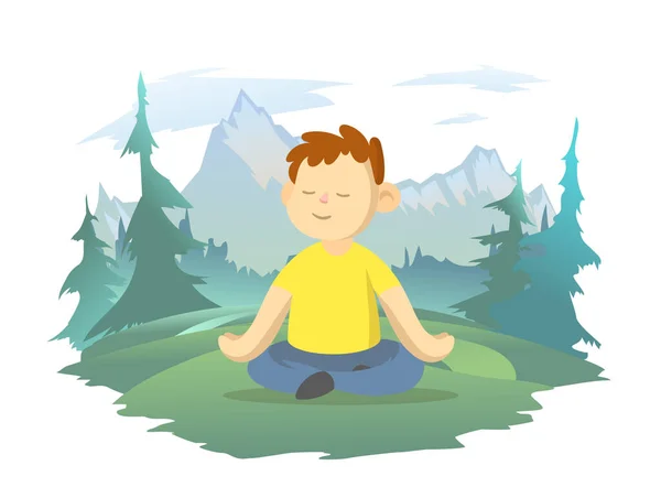 Um menino medita na posição de lótus no pano de fundo de uma paisagem montanhosa. Atenção plena, saúde mental das crianças, estilo de vida saudável. Ilustração vetorial. — Vetor de Stock