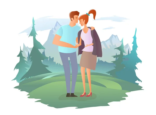 Egy szerelmes boldog pár sétál a hegyi táj hátterében. Egy férfi és egy nő egy randin. Kapcsolatok és törődés. Vektorillusztráció. — Stock Vector