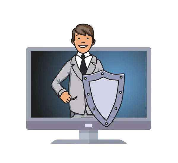 Concepto de ciberseguridad. Un hombre con un escudo mirando desde la pantalla de una computadora. Símbolo Firewall y Antivirus. Ilustración vectorial en estilo plano, aislada en blanco. — Vector de stock