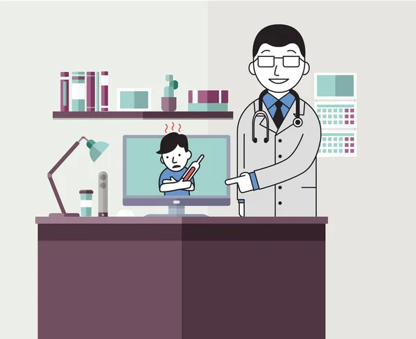 El médico en su consultorio consulta al paciente en línea. Recepción remota de pacientes, telemedicina. Ilustración vectorial en estilo plano. — Vector de stock