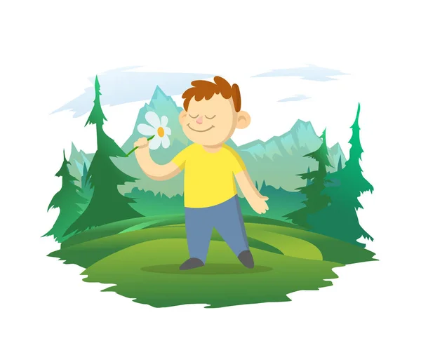 Un niño huele una flor en un claro del bosque. Paisaje de montaña en el fondo. Ilustración vectorial, aislada en blanco. — Vector de stock