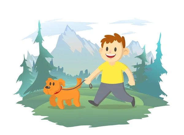 Ένα αγόρι περπατά με ένα σκυλί στη φύση. Δάσος και ορεινό τοπίο στο παρασκήνιο. Εικονογράφηση διανύσματος, απομονωμένη σε λευκό. — Διανυσματικό Αρχείο