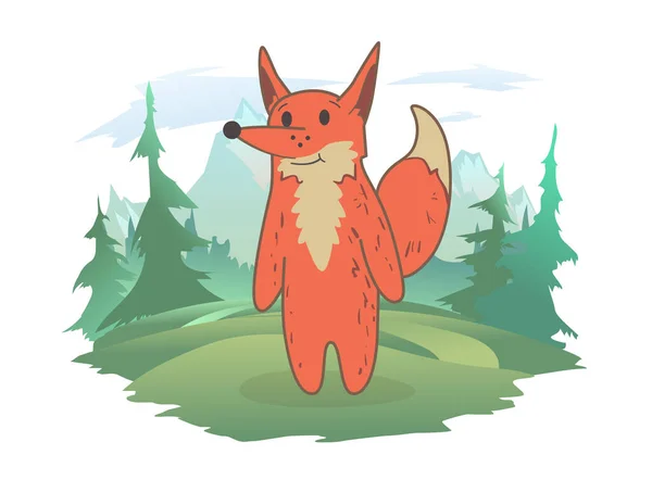 Ein niedlicher Fuchs steht auf einer Waldwiese, im Hintergrund eine Berglandschaft. Vektor-Illustration, isoliert auf Weiß. — Stockvektor