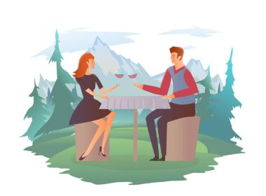 Genç ve mutlu bir çift randevuda. Erkek ve kadın romantik bir akşam yemeğinde şarap içerler. Arka planda orman ve dağ manzarası var. Beyaz üzerine izole edilmiş vektör illüstrasyonu.
