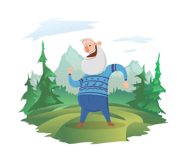 Un anciano feliz en un césped del bosque. Bosque y paisaje de montaña en el fondo. Vejez activa, estilo de vida saludable, actividad al aire libre. Ilustración vectorial de dibujos animados, aislado en blanco. — Vector de stock