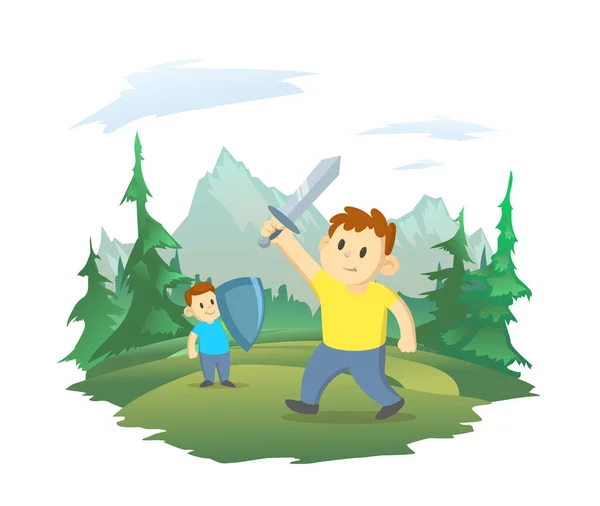 Los niños juegan espada luchando en la naturaleza. Bosque y paisaje de montaña en el fondo. Ilustración vectorial aislada en blanco. — Archivo Imágenes Vectoriales